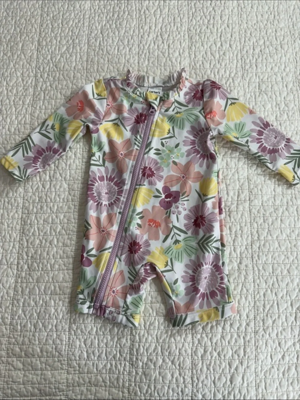 Carter's 3 mo Pastel Floral Long-Sleeve Swim Romper Ruffle Rash Guard Full Zip